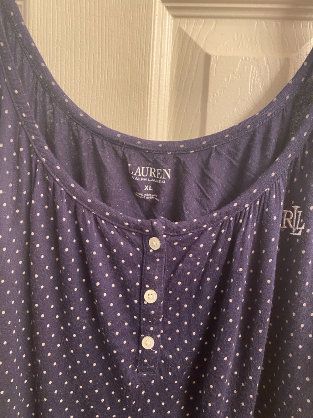 Lauren Ralph Lauren Navy and White Polka Dot Henley Slip - Picture 2 of 5